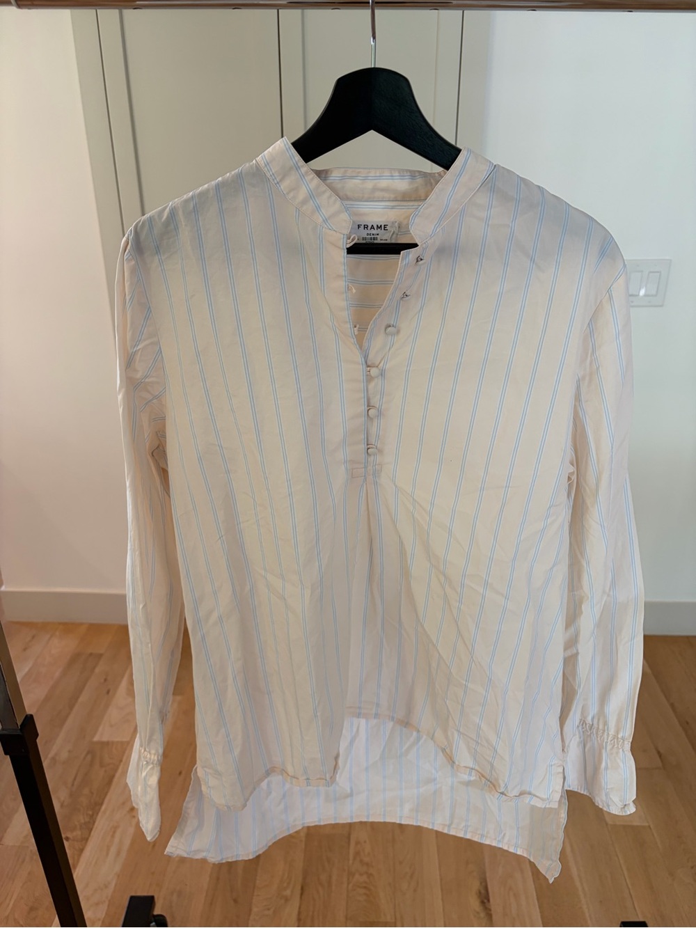 Frame Pastel Pink & Light Blue Pinstripe Mandarin Collar Shirt